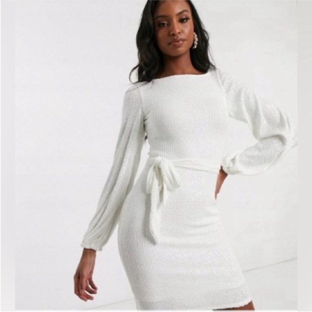 Club L London White Sequin Long Sleeve Mini Dress Size 8